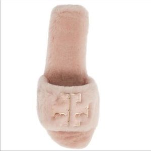 Tory Burch Double T Shearling Slide - Shell Pink/Gold